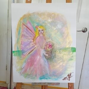 Hand-Painted Pastel Fairy Art Print in Pink and Gold